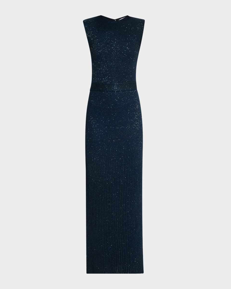 Pleated Sequin Row Knit Sleeveless Gown